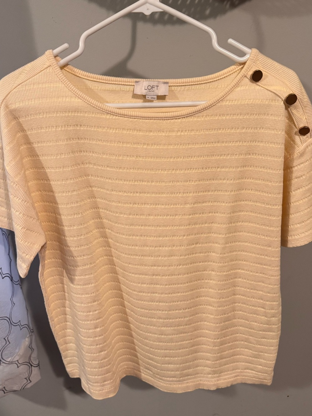 LOFT Light Yellow Short Sleeve Textured Knit Top with Shoulder Buttons